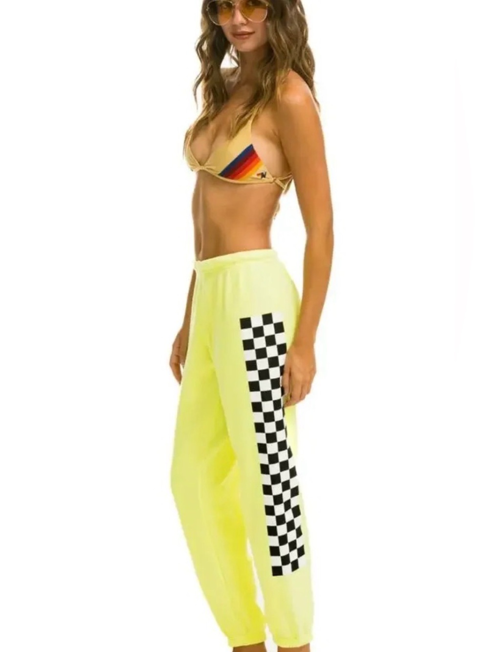 Aviator Nation Women Yellow Checkered Side Stripe Sweatpants Joggers Small